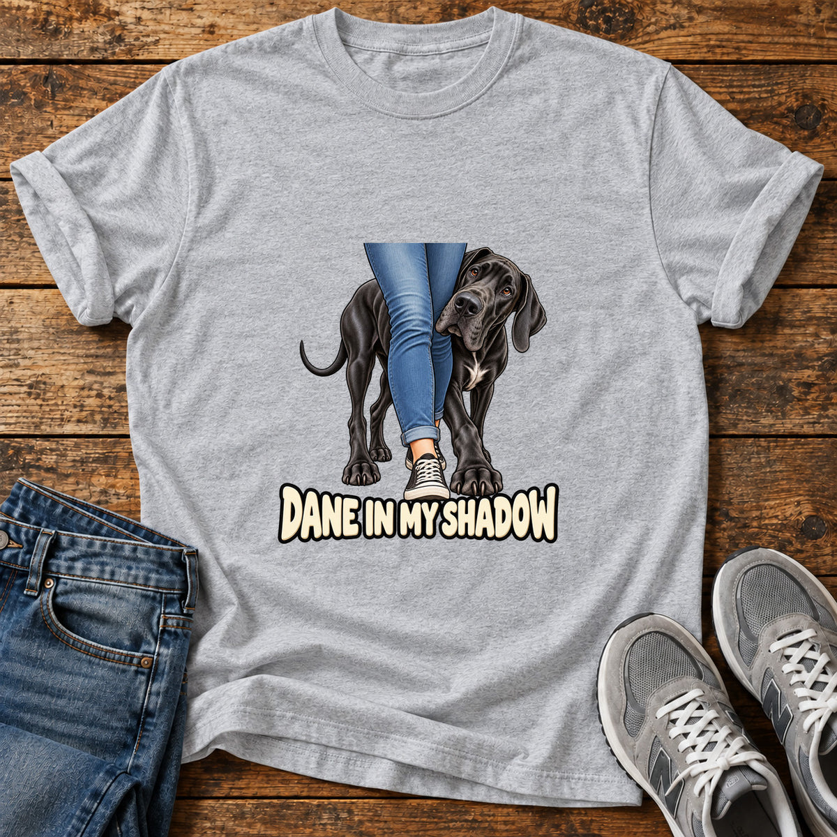 Dane In Shadow Great Dane graphic T-shirt in Sport Grey, shown on a flat-lay shirt mockup