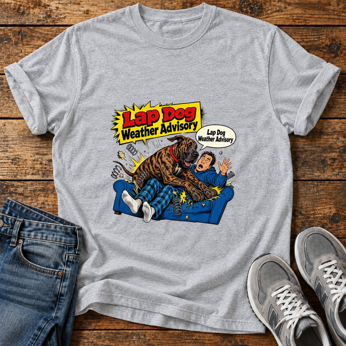 Lap Dog Advisory Great Dane graphic T-shirt in Sport Grey, shown on a flat-lay shirt mockup