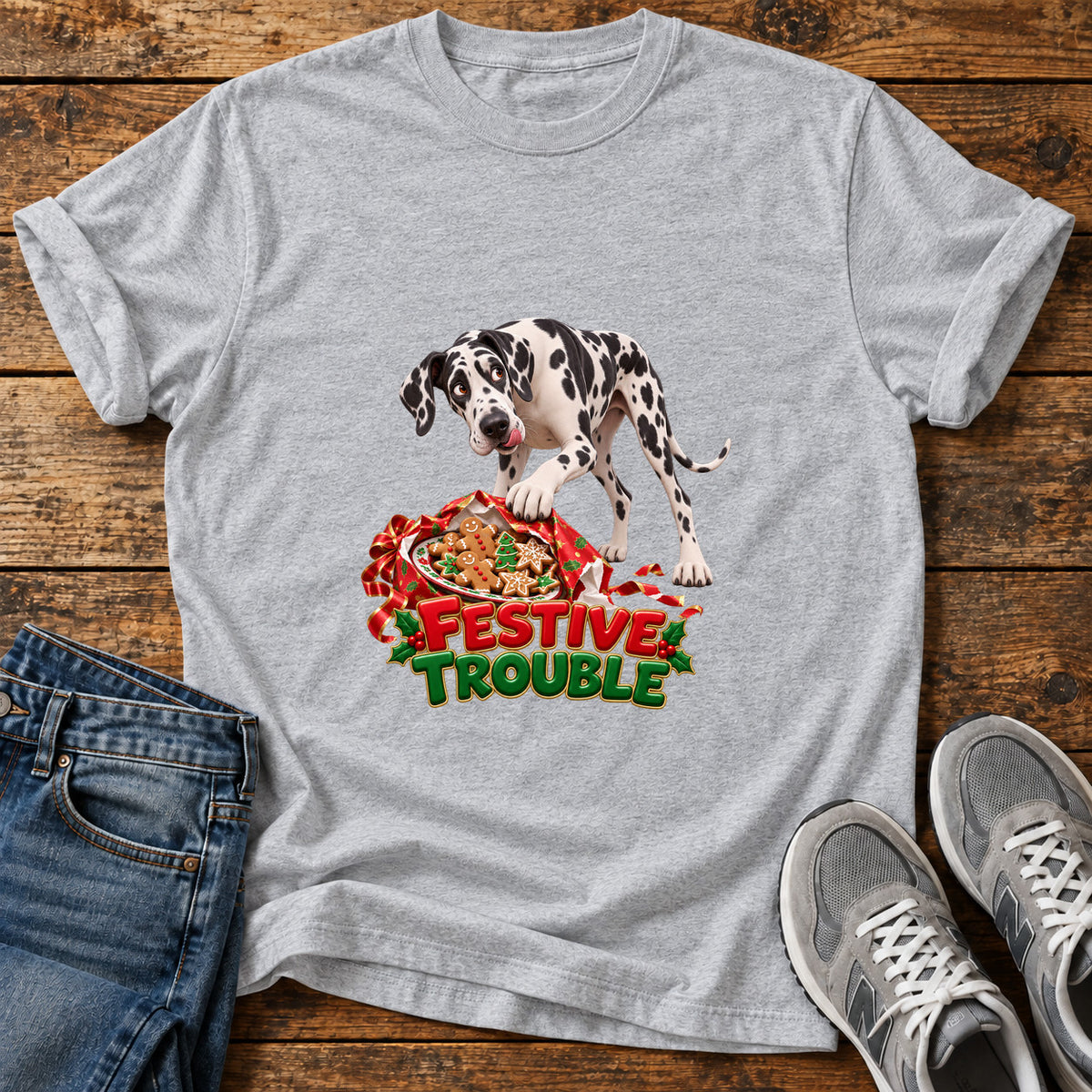 Festive Trouble Great Dane graphic T-shirt in Sport Grey, shown on a flat-lay shirt mockup