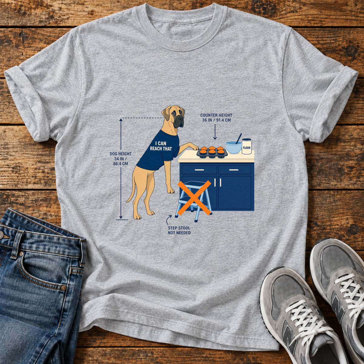 I Can Reach Great Dane graphic T-shirt in Sport Grey, shown on a flat-lay shirt mockup