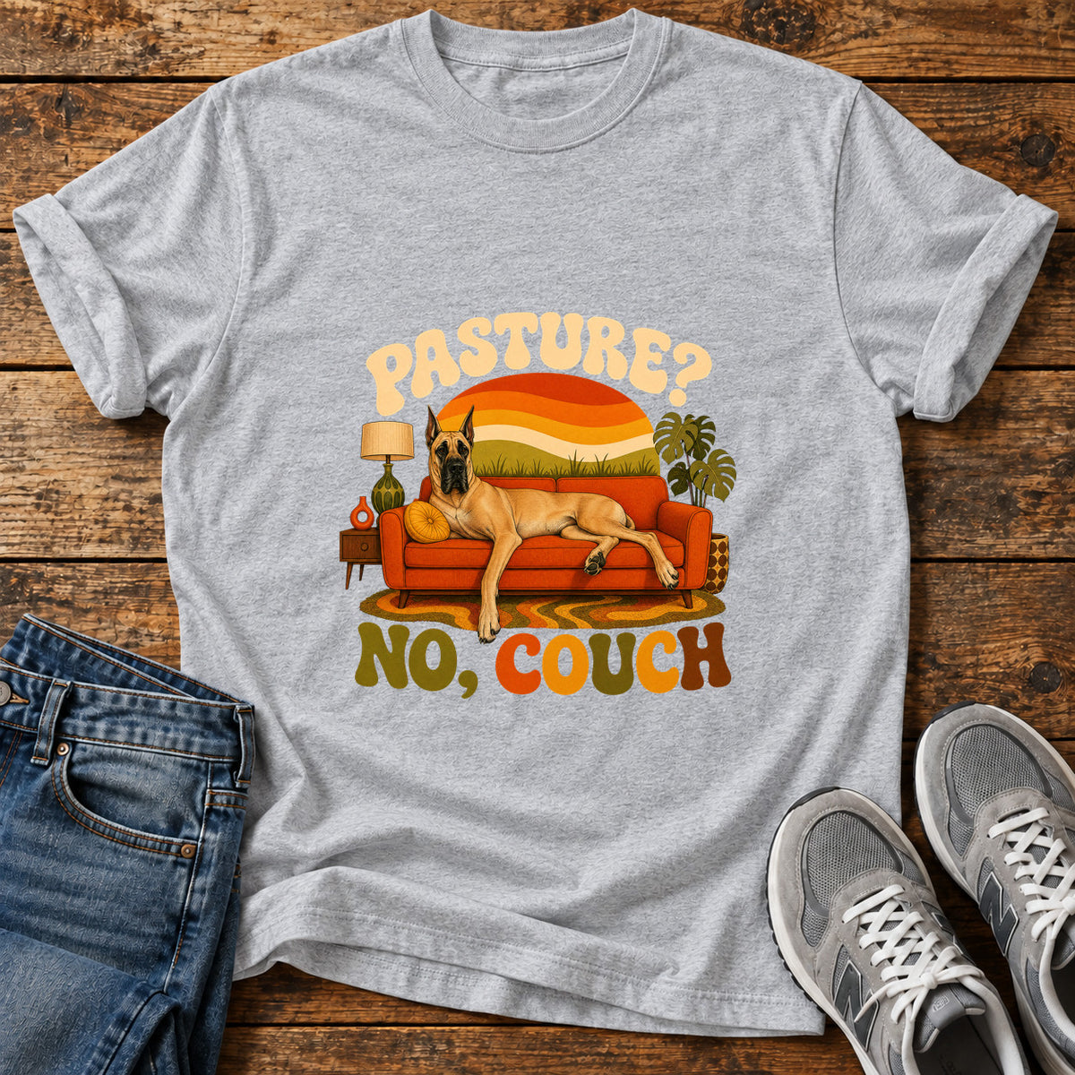 Pasture No Couch Great Dane graphic T-shirt in Sport Grey, shown on a flat-lay shirt mockup