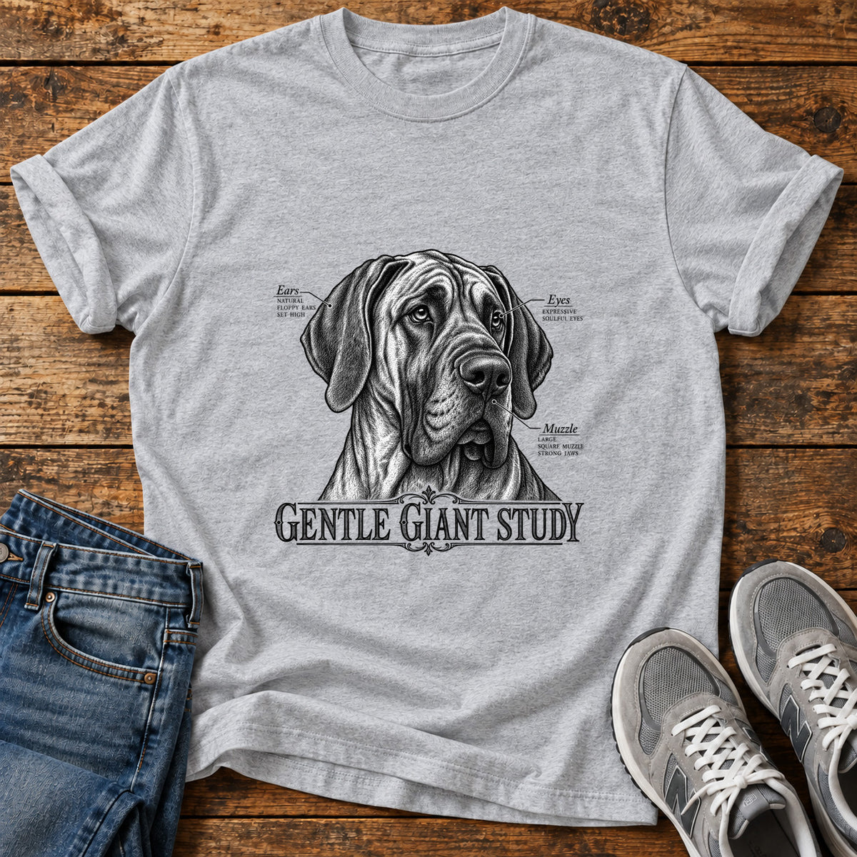 Gentle Giant Study Great Dane graphic T-shirt in Sport Grey, shown on a flat-lay shirt mockup