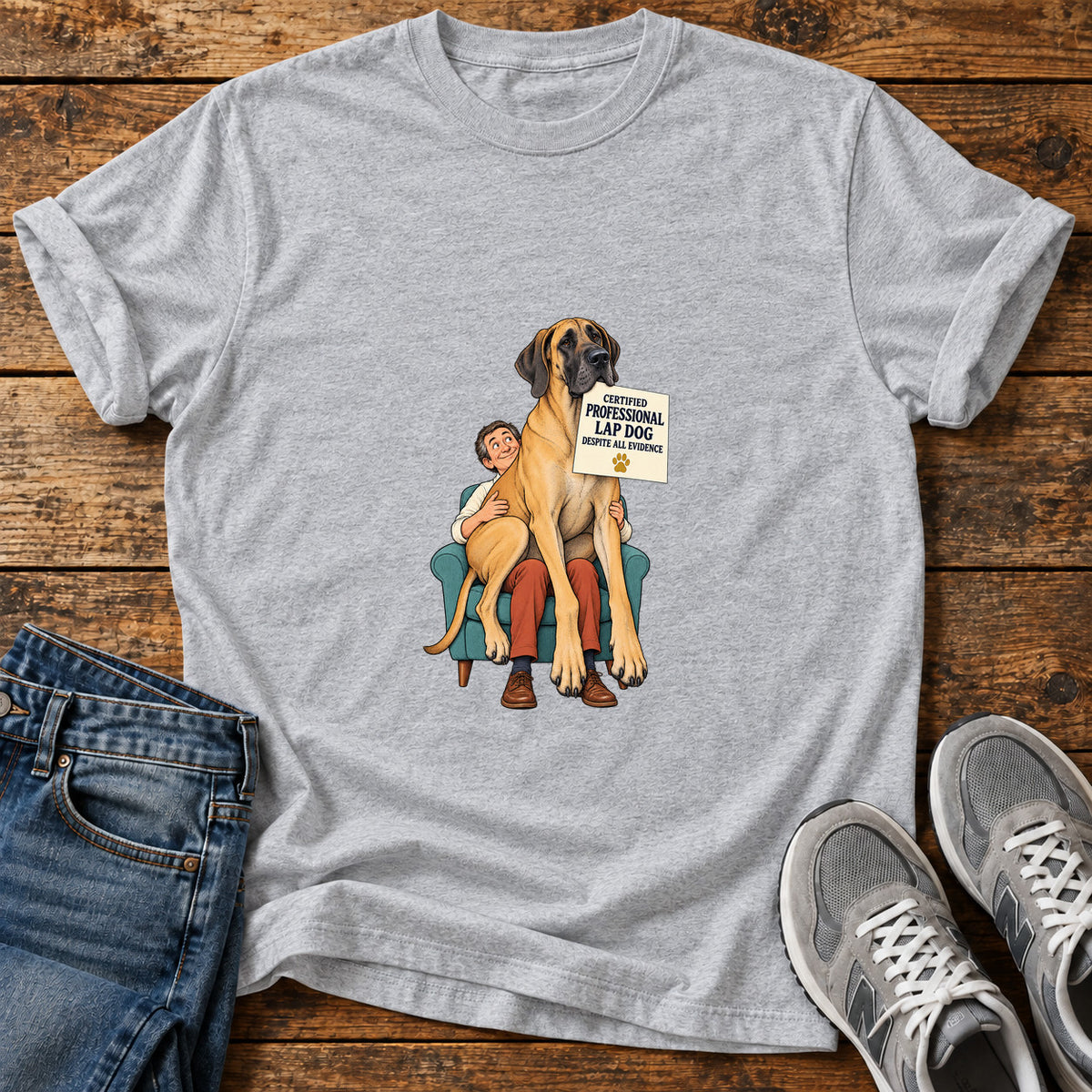Professional Lap Dog Great Dane graphic T-shirt in Sport Grey, shown on a flat-lay shirt mockup