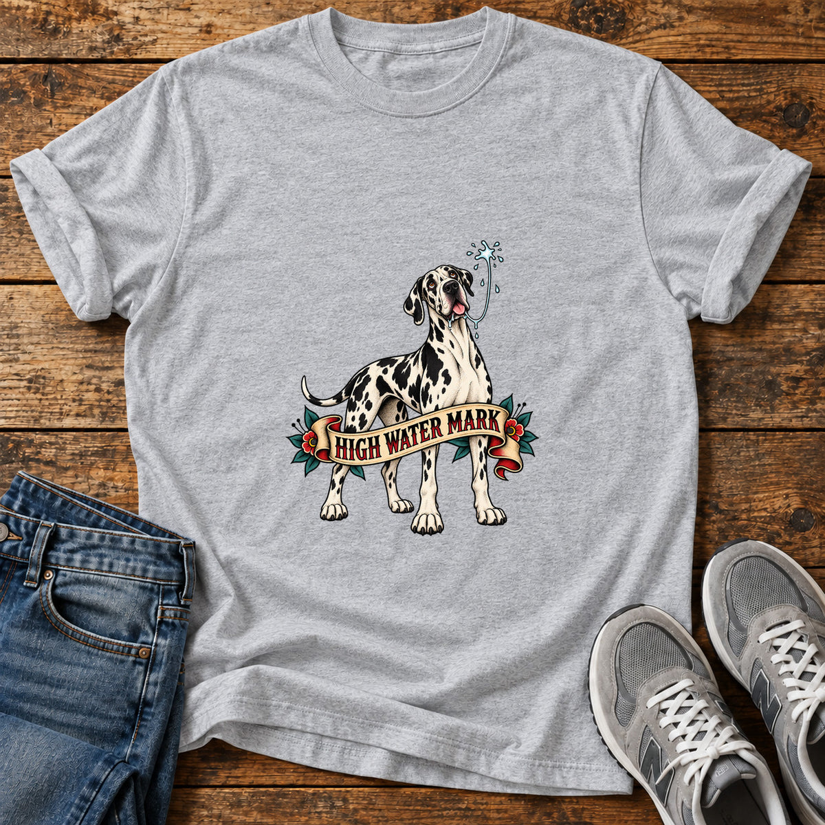 High Water Mark Great Dane graphic T-shirt in Sport Grey, shown on a flat-lay shirt mockup