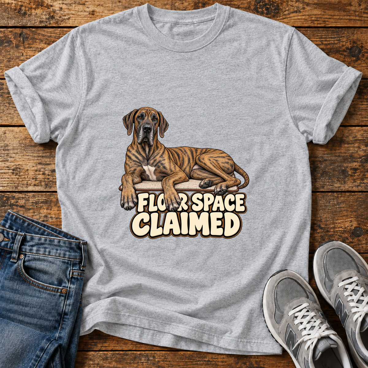 Floor Space Claimed Great Dane graphic T-shirt in Sport Grey, shown on a flat-lay shirt mockup