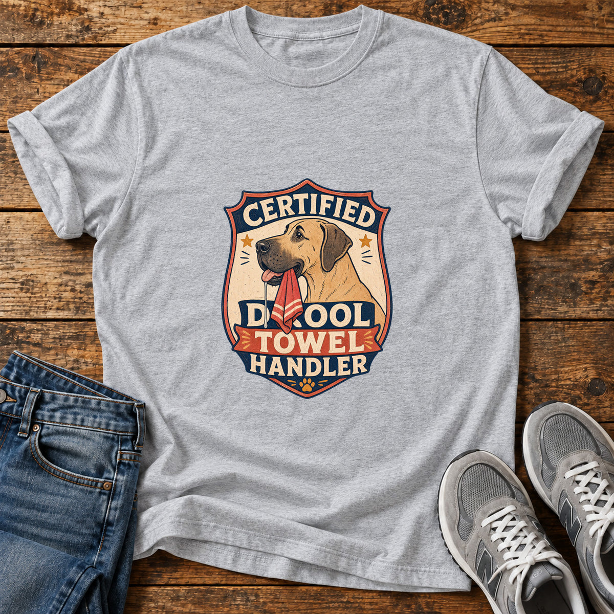 Certified Drool Handler Great Dane graphic T-shirt in Sport Grey, shown on a flat-lay shirt mockup