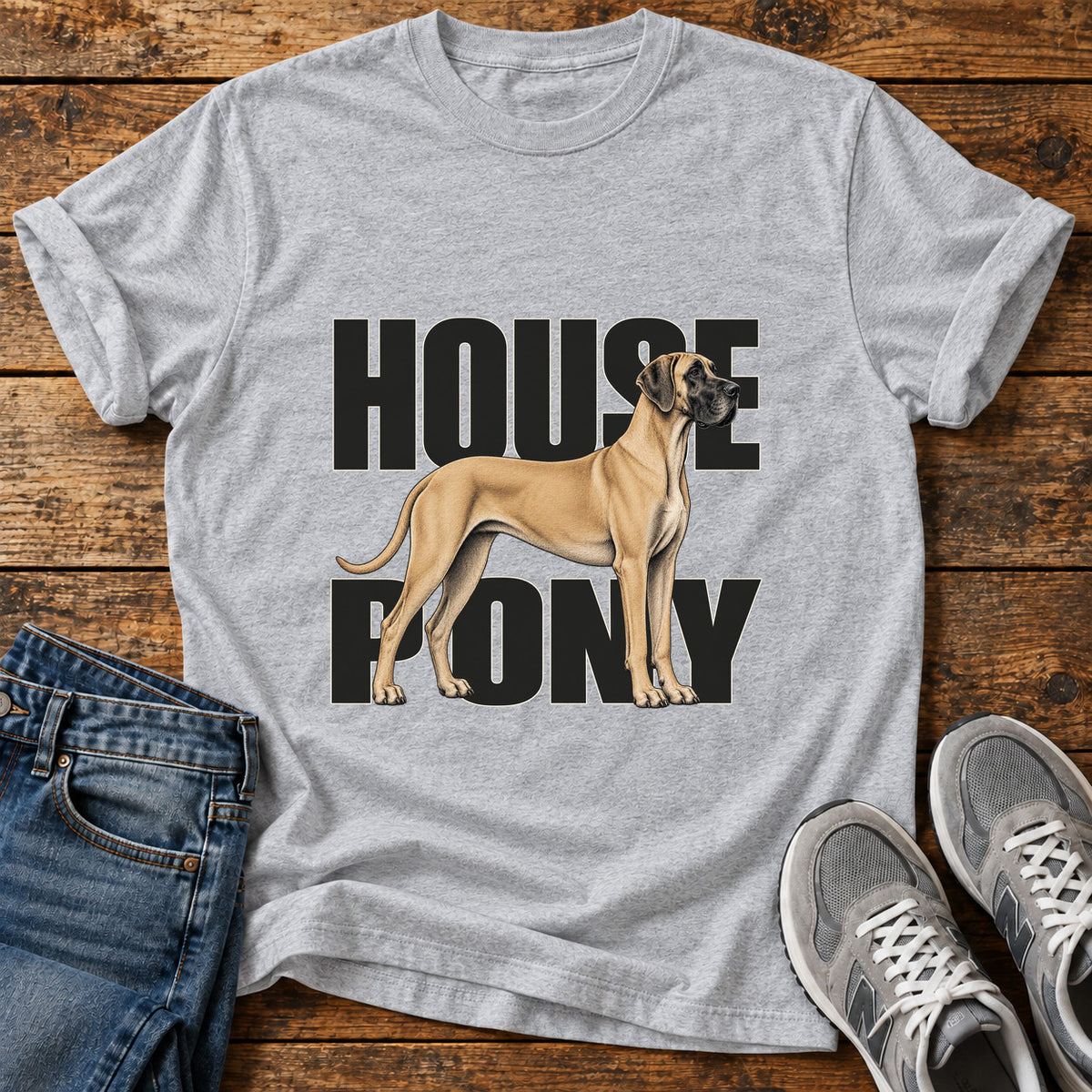 House Pony Great Dane graphic T-shirt in Sport Grey, shown on a flat-lay shirt mockup