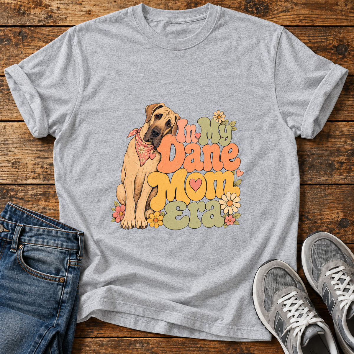 Dane Mom Era Great Dane graphic T-shirt in Sport Grey, shown on a flat-lay shirt mockup