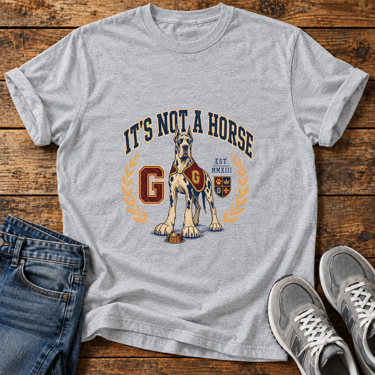 It's Not A Great Dane graphic T-shirt in Sport Grey, shown on a flat-lay shirt mockup