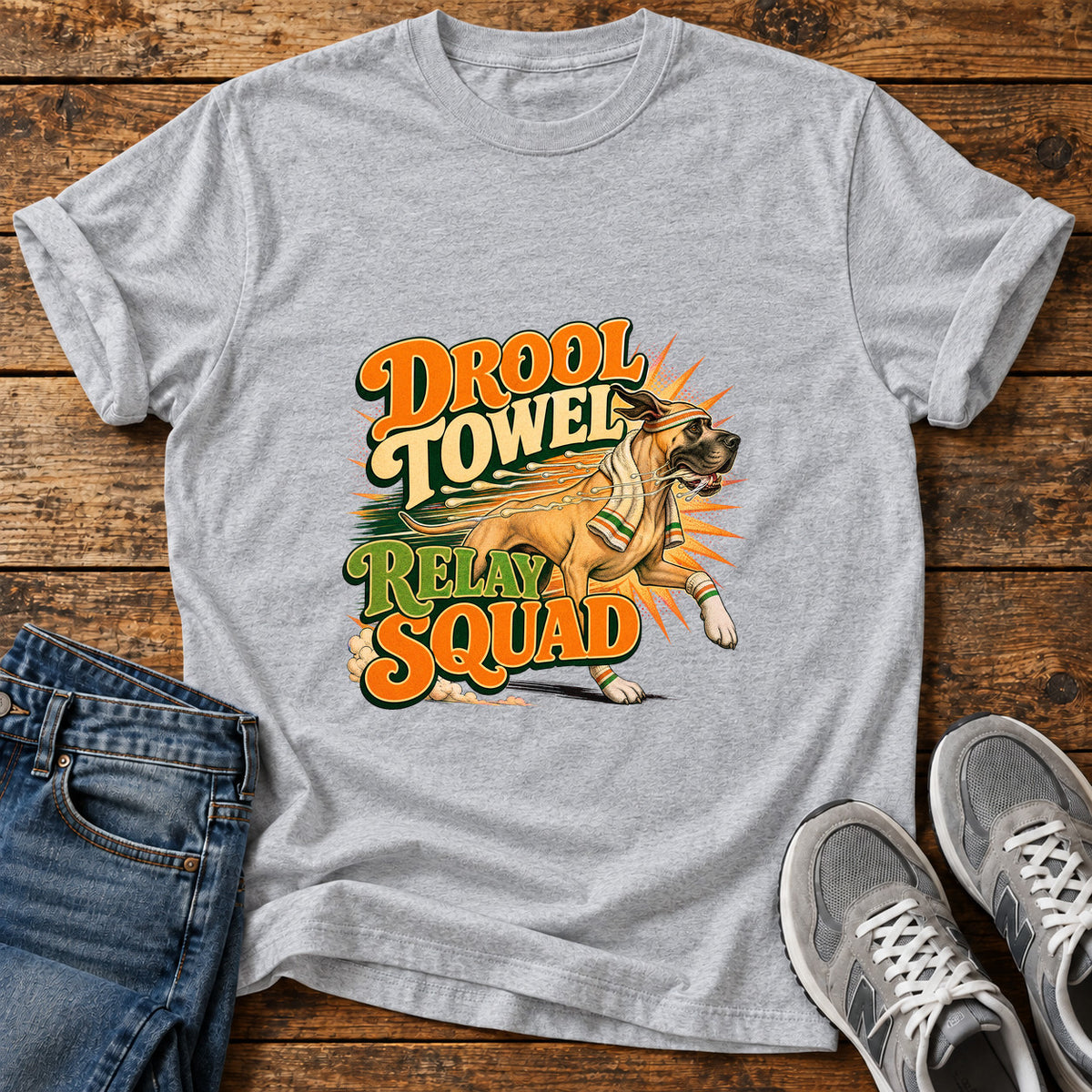 Drool Towel Squad Great Dane graphic T-shirt in Sport Grey, shown on a flat-lay shirt mockup