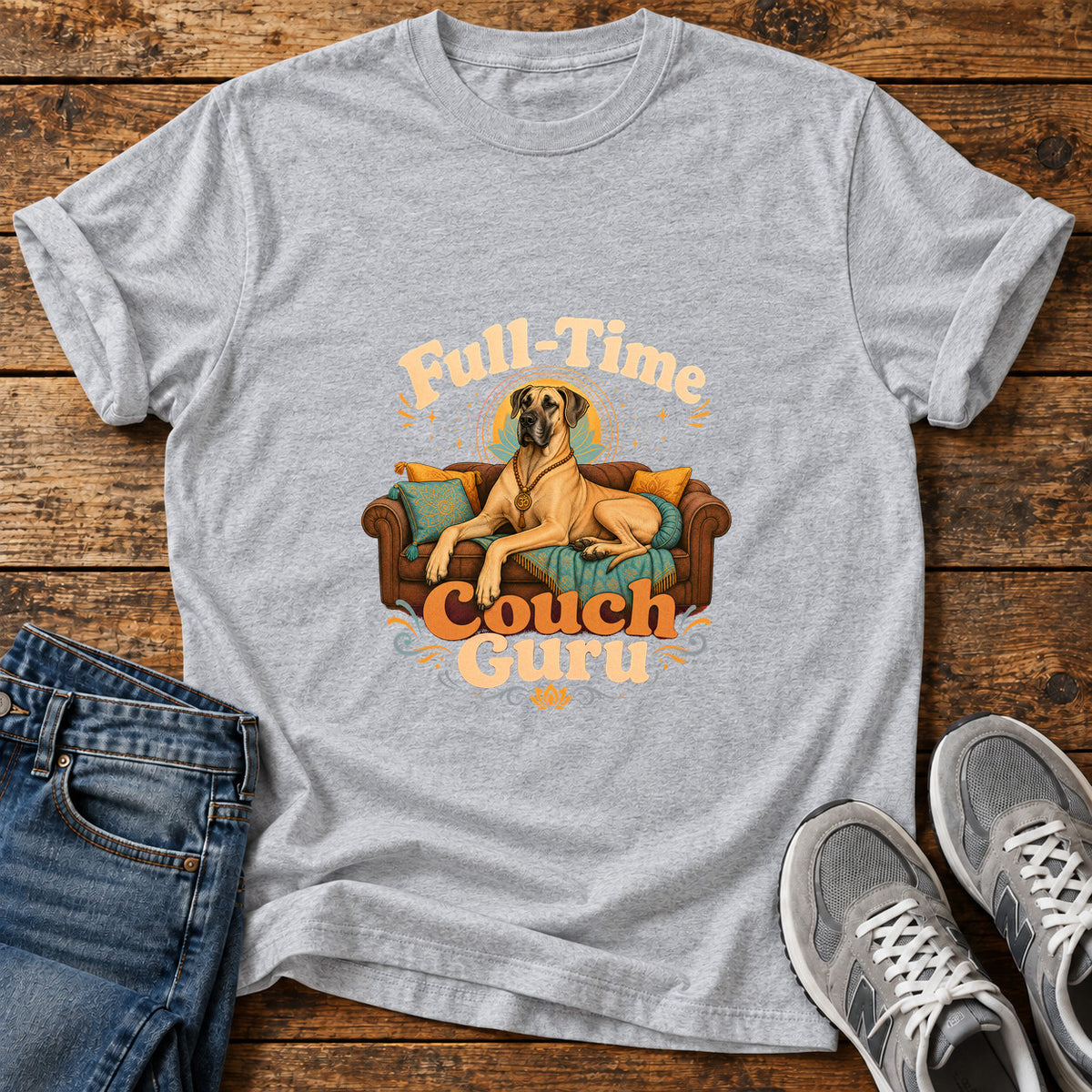 Couch Guru Great Dane graphic T-shirt in Sport Grey, shown on a flat-lay shirt mockup