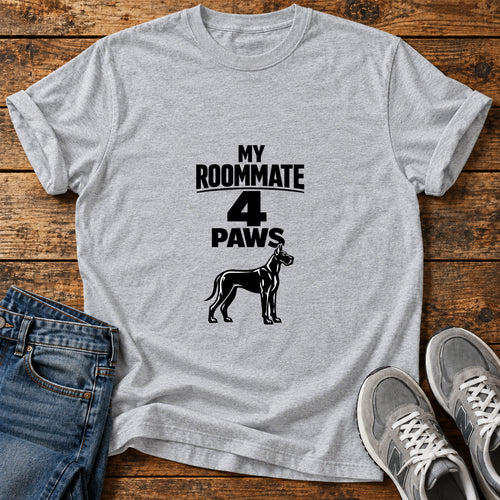 4 Paws Roommate Great Dane graphic T-shirt in Sport Grey, shown on a flat-lay shirt mockup
