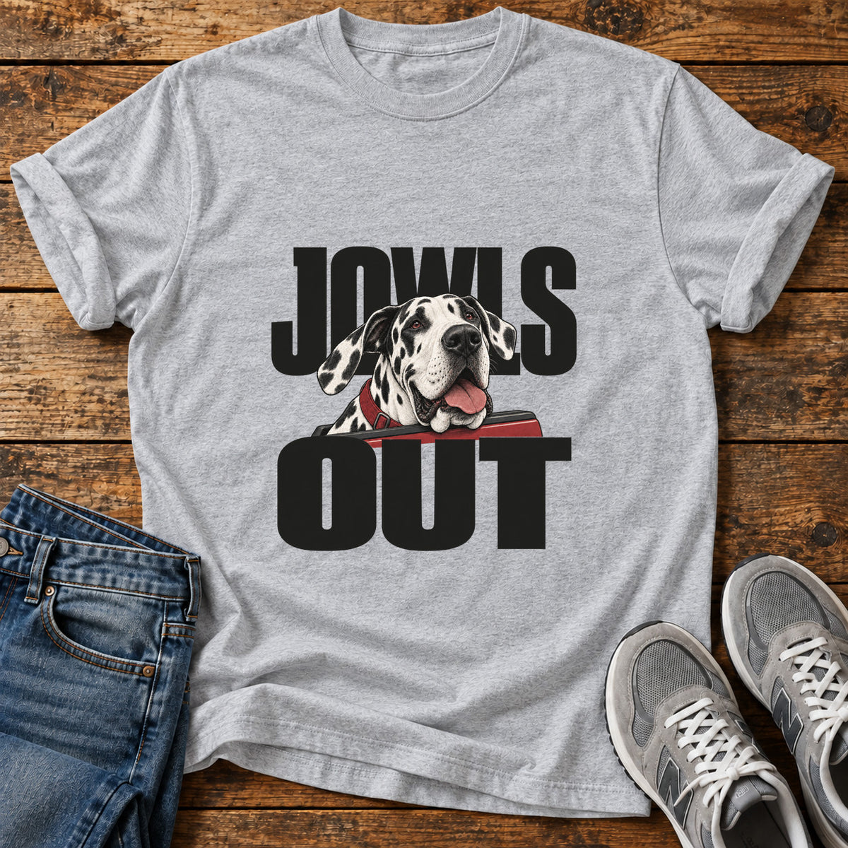 Jowls Out Great Dane graphic T-shirt in Sport Grey, shown on a flat-lay shirt mockup