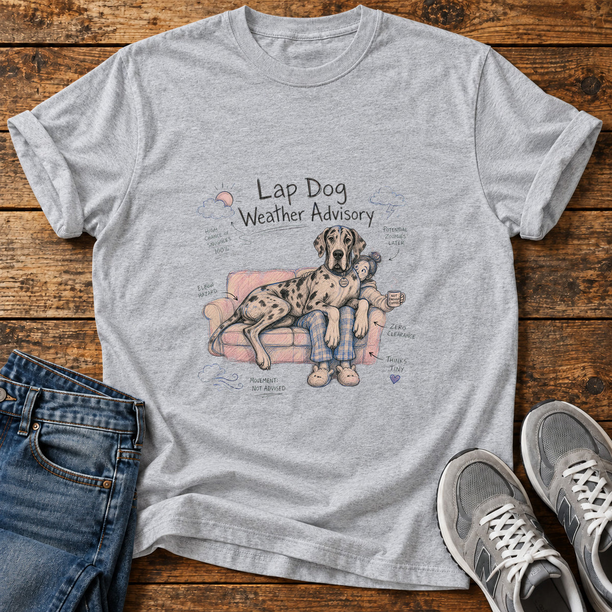 Lap Dog Advisory Great Dane graphic T-shirt in Sport Grey, shown on a flat-lay shirt mockup