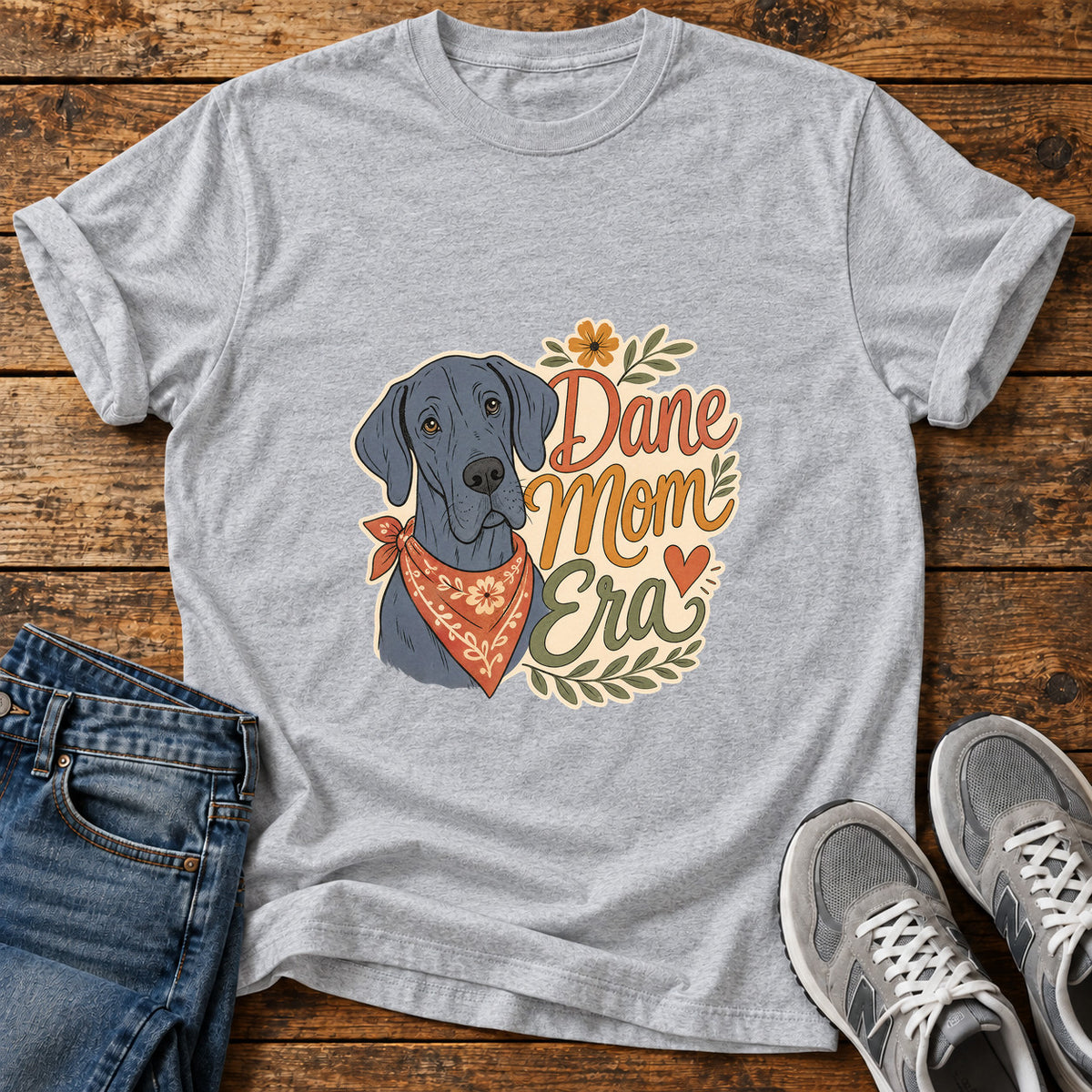Dane Mom Era Great Dane graphic T-shirt in Sport Grey, shown on a flat-lay shirt mockup