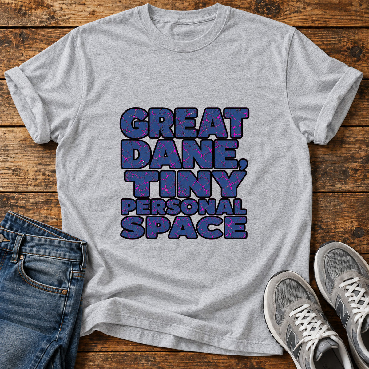 Great Dane Space graphic T-shirt in Sport Grey, shown on a flat-lay shirt mockup