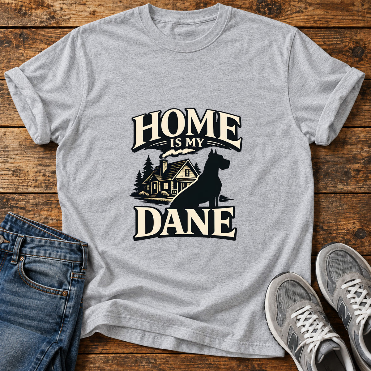 Home Dane Great Dane graphic T-shirt in Sport Grey, shown on a flat-lay shirt mockup