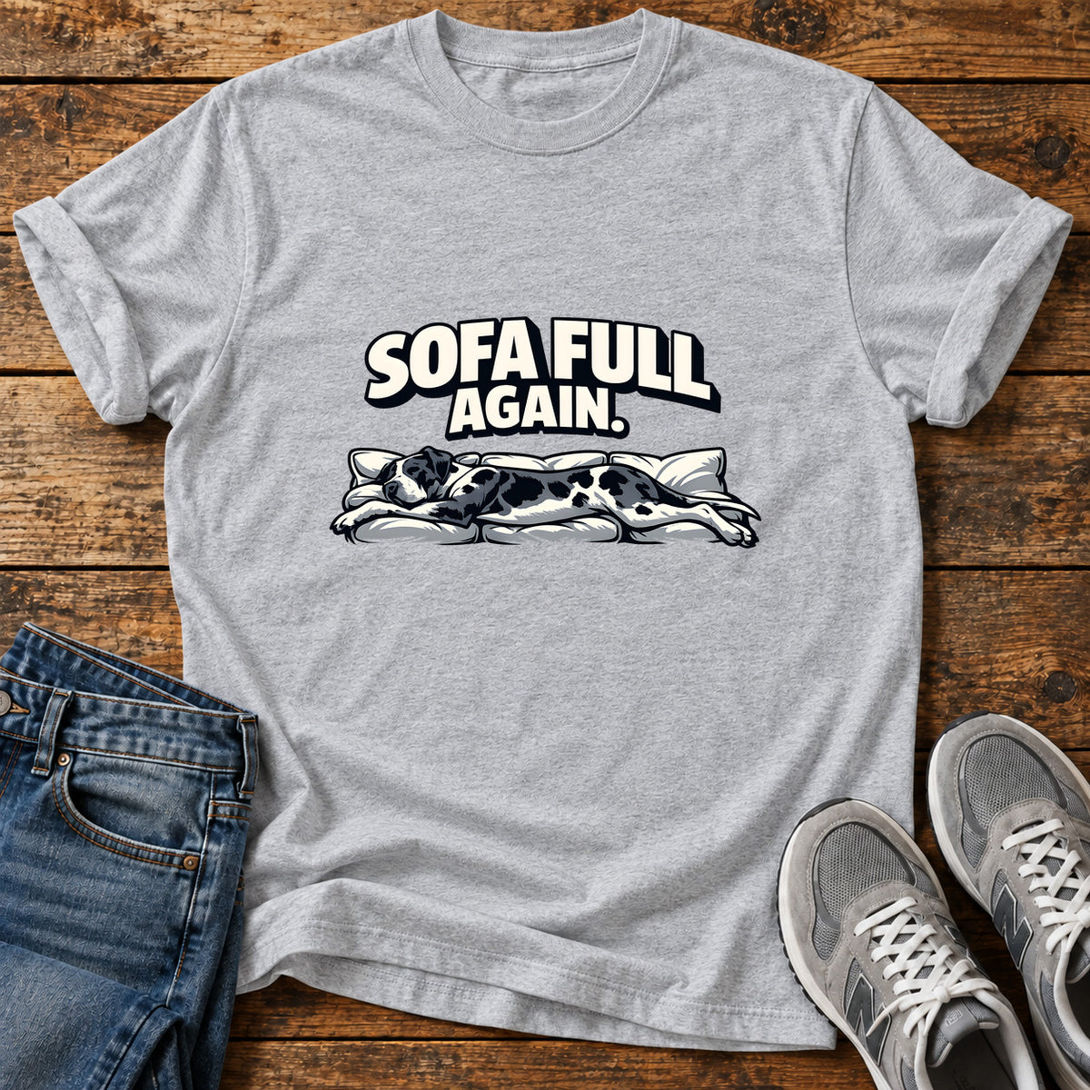 Sofa Full Again Great Dane graphic T-shirt in Sport Grey, shown on a flat-lay shirt mockup