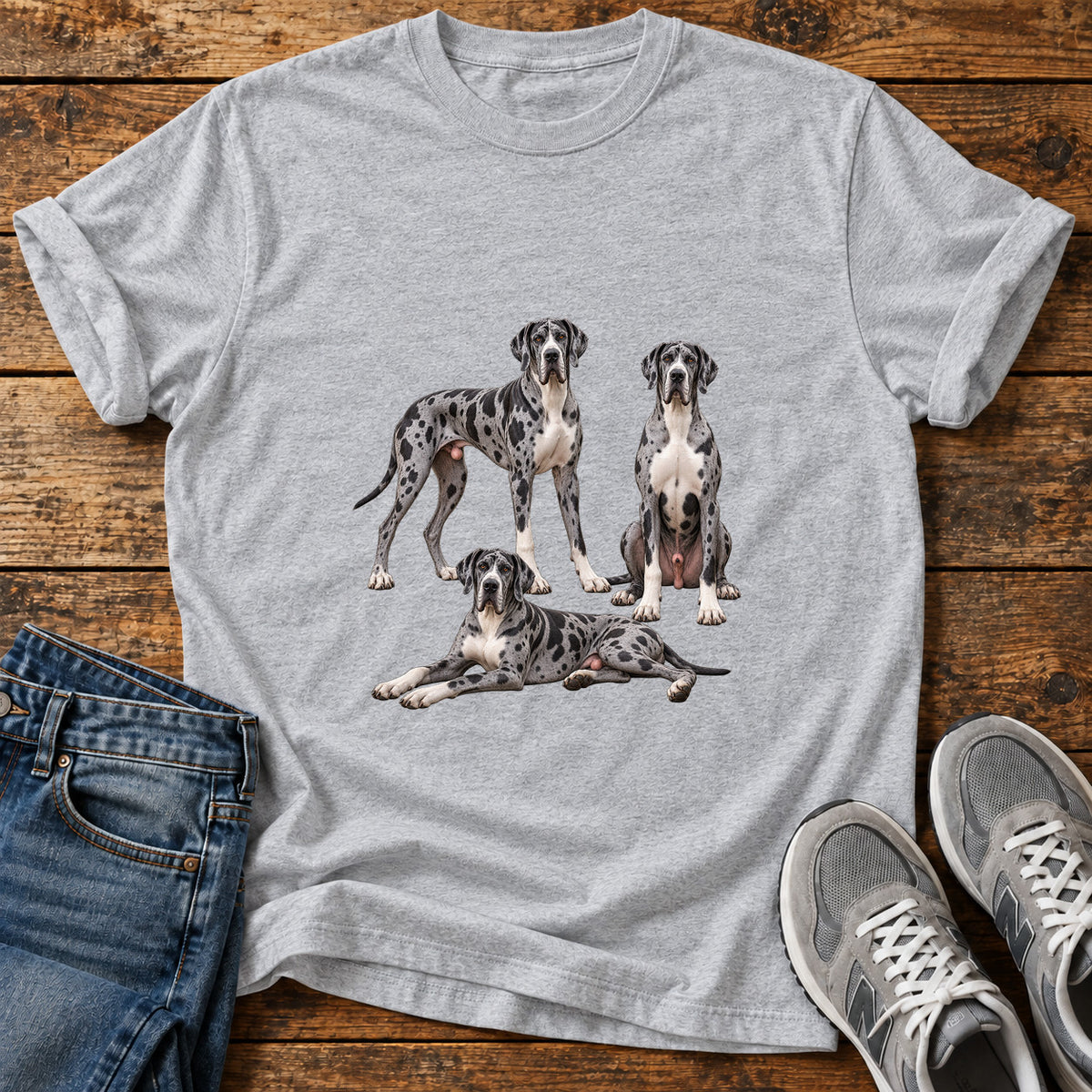 Great Dane Trio graphic T-shirt in Sport Grey, shown on a flat-lay shirt mockup