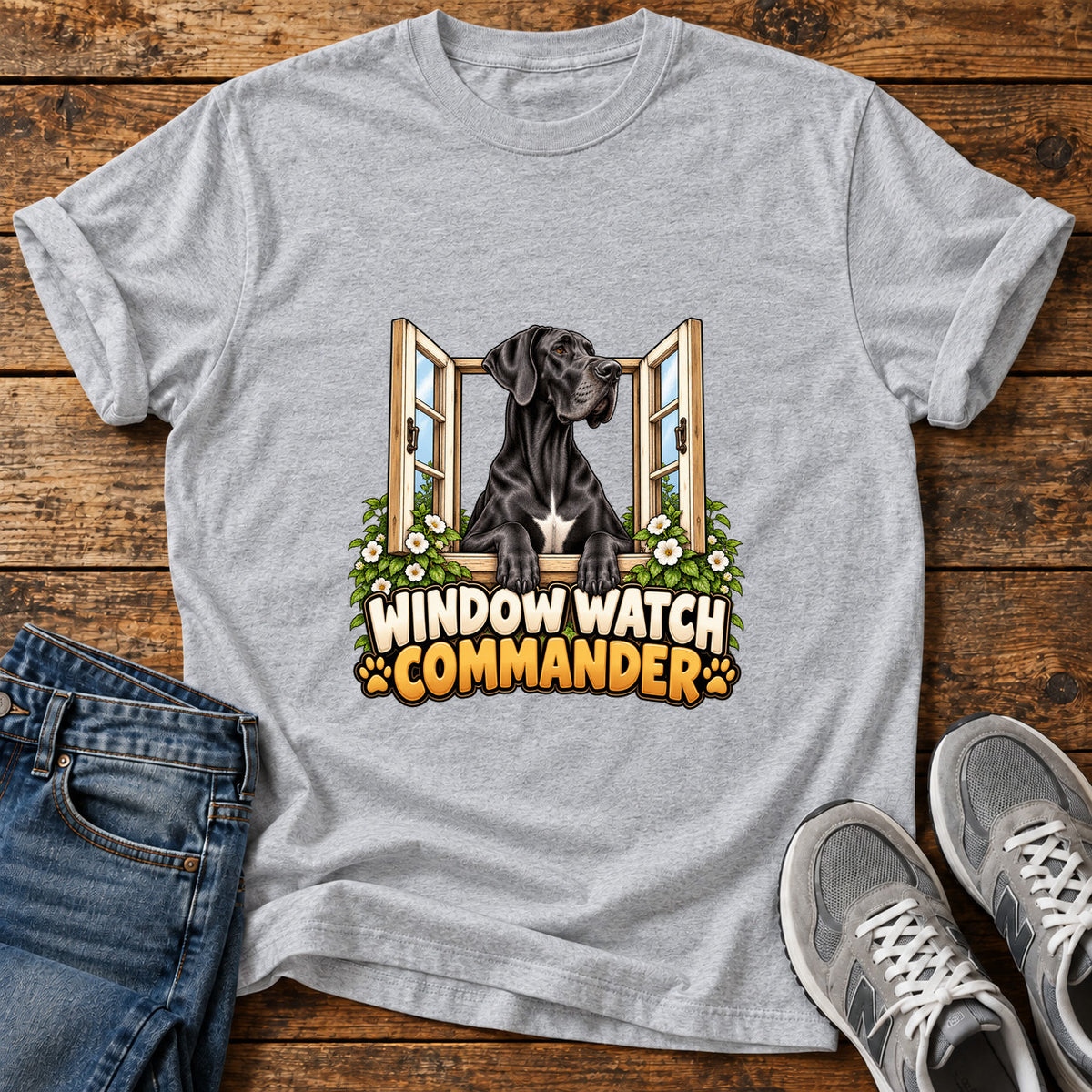 Window Watch Commander Great Dane graphic T-shirt in Sport Grey, shown on a flat-lay shirt mockup