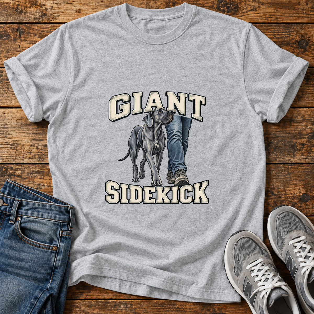 Giant Sidekick Great Dane graphic T-shirt in Sport Grey, shown on a flat-lay shirt mockup