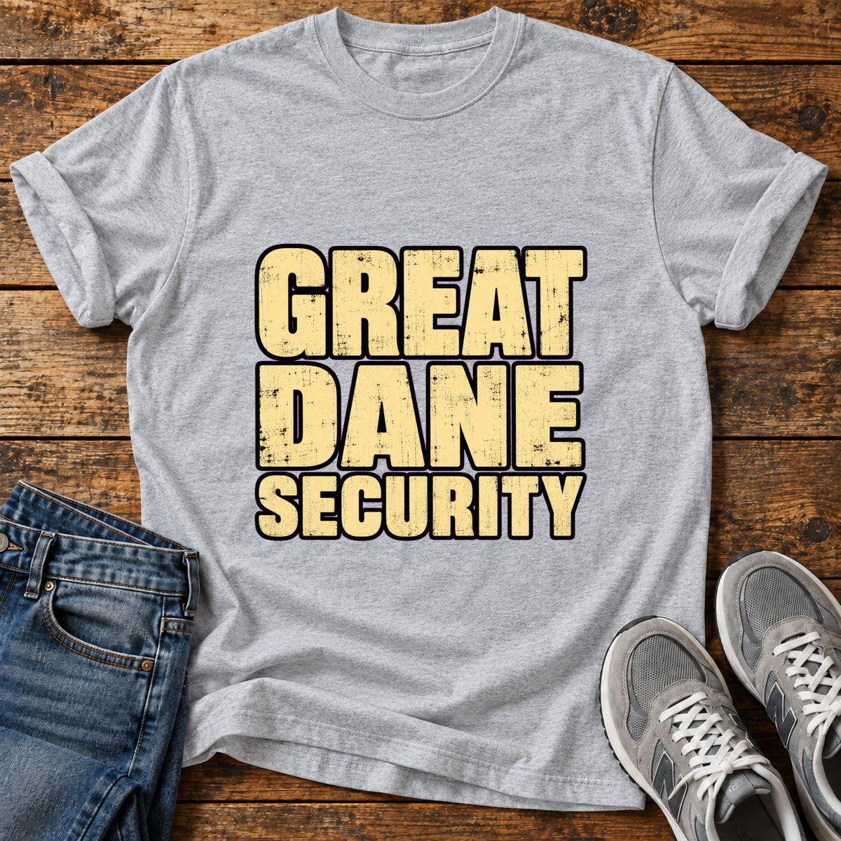 Great Dane Security graphic T-shirt in Sport Grey, shown on a flat-lay shirt mockup