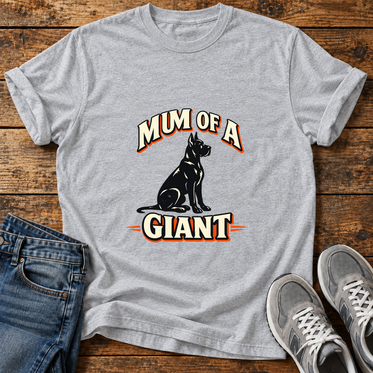Mum Of Giant Great Dane graphic T-shirt in Sport Grey, shown on a flat-lay shirt mockup