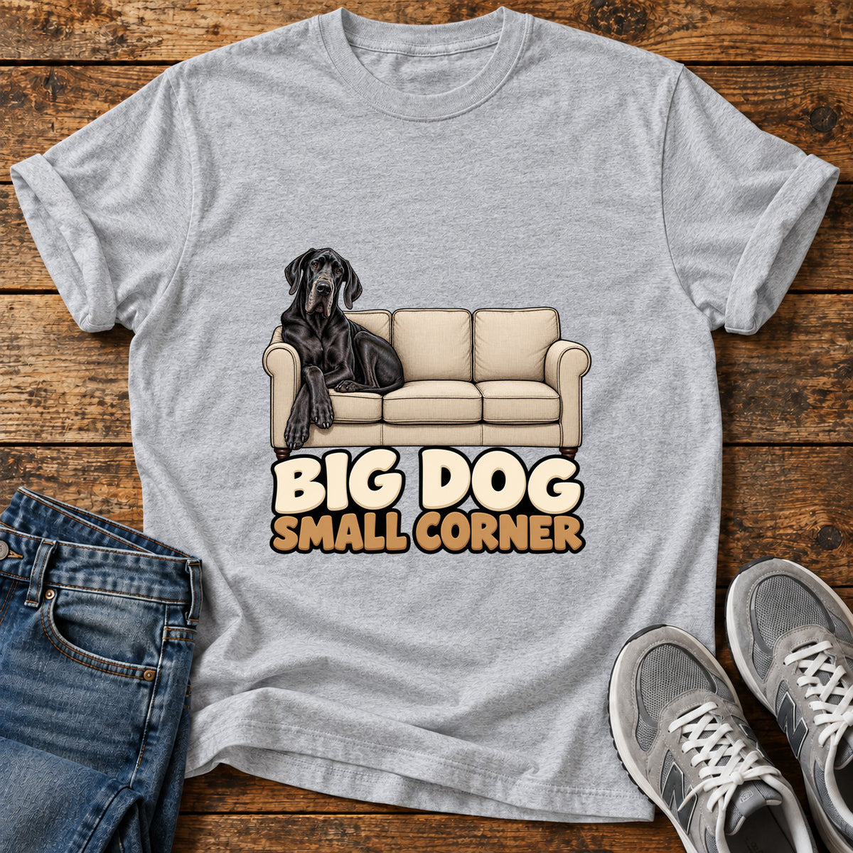 Big Dog Corner Great Dane graphic T-shirt in Sport Grey, shown on a flat-lay shirt mockup