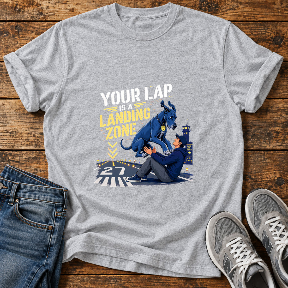 Landing Zone Great Dane graphic T-shirt in Sport Grey, shown on a flat-lay shirt mockup