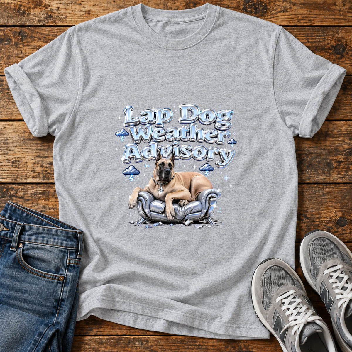 Lap Dog Advisory Great Dane graphic T-shirt in Sport Grey, shown on a flat-lay shirt mockup