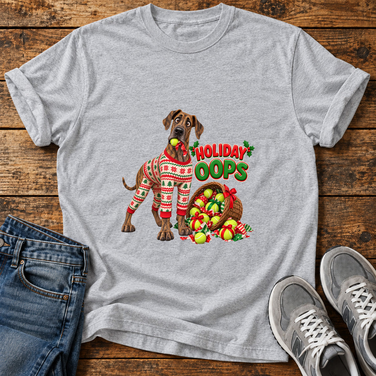 Holiday Oops Great Dane graphic T-shirt in Sport Grey, shown on a flat-lay shirt mockup