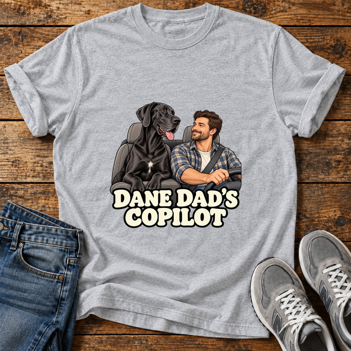 Dane Copilot Great Dane graphic T-shirt in Sport Grey, shown on a flat-lay shirt mockup