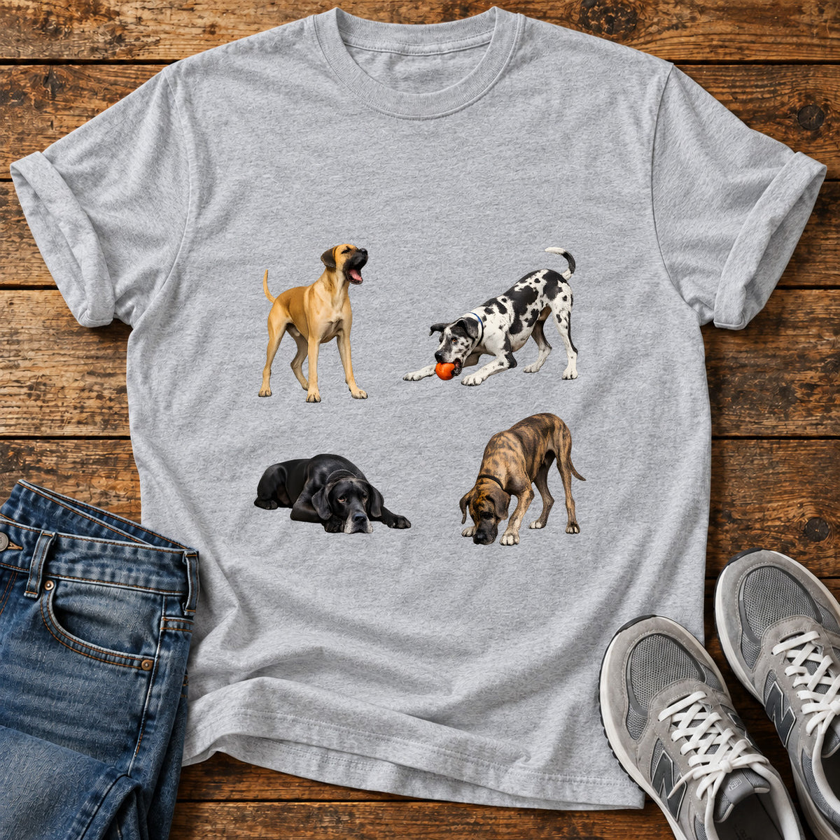 Great Dane Quartet graphic T-shirt in Sport Grey, shown on a flat-lay shirt mockup