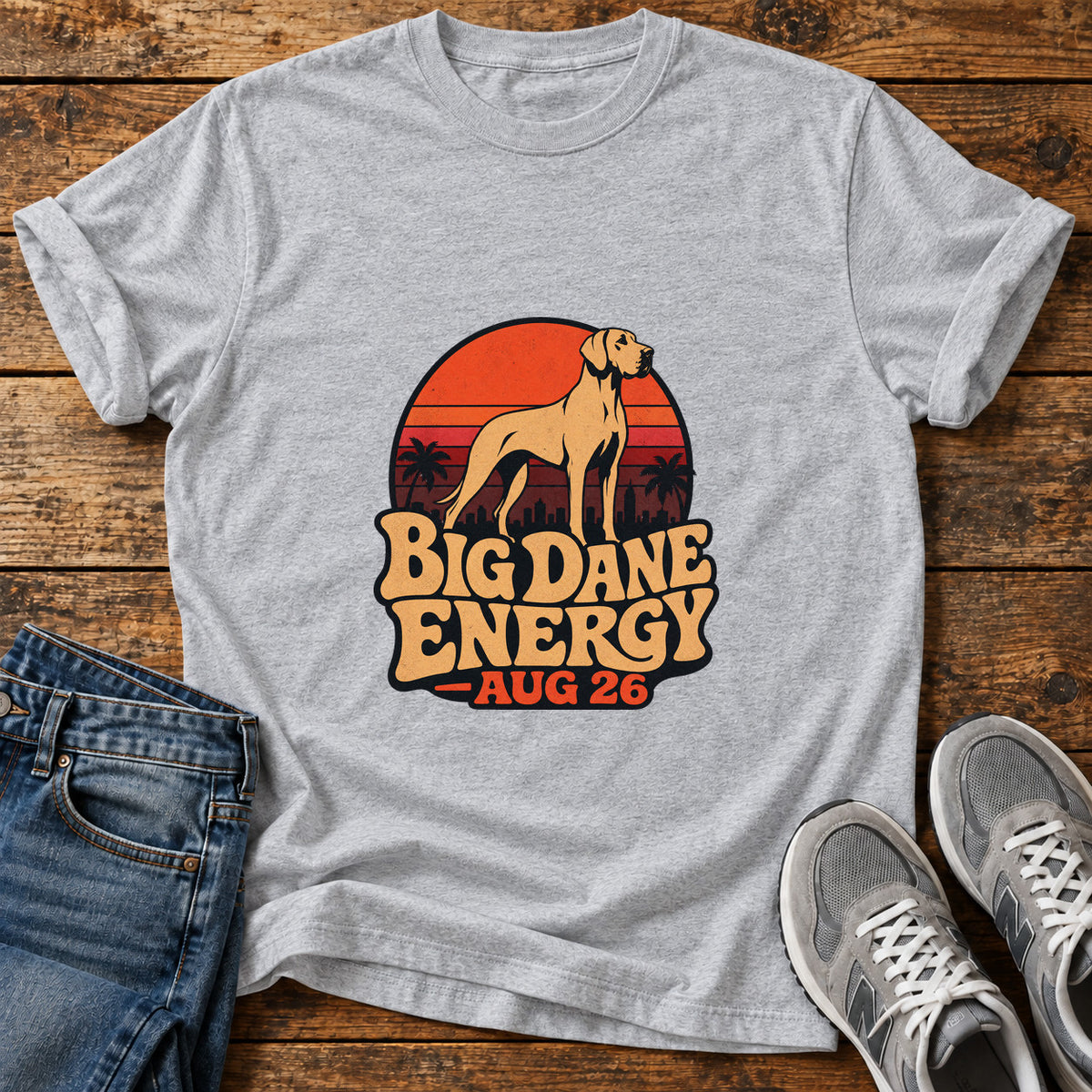 Big Dane Energy Great Dane graphic T-shirt in Sport Grey, shown on a flat-lay shirt mockup
