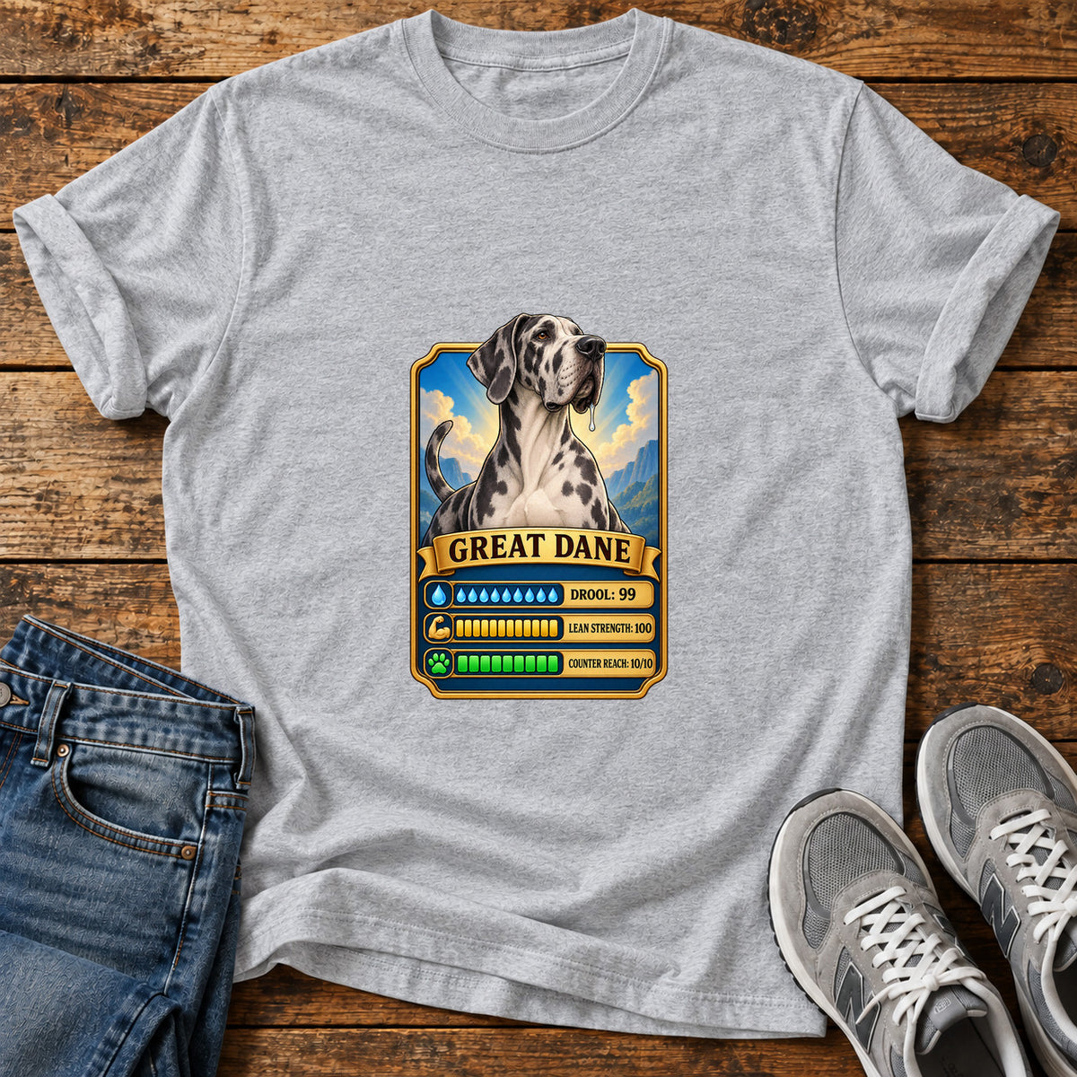 Great Dane Stats graphic T-shirt in Sport Grey, shown on a flat-lay shirt mockup