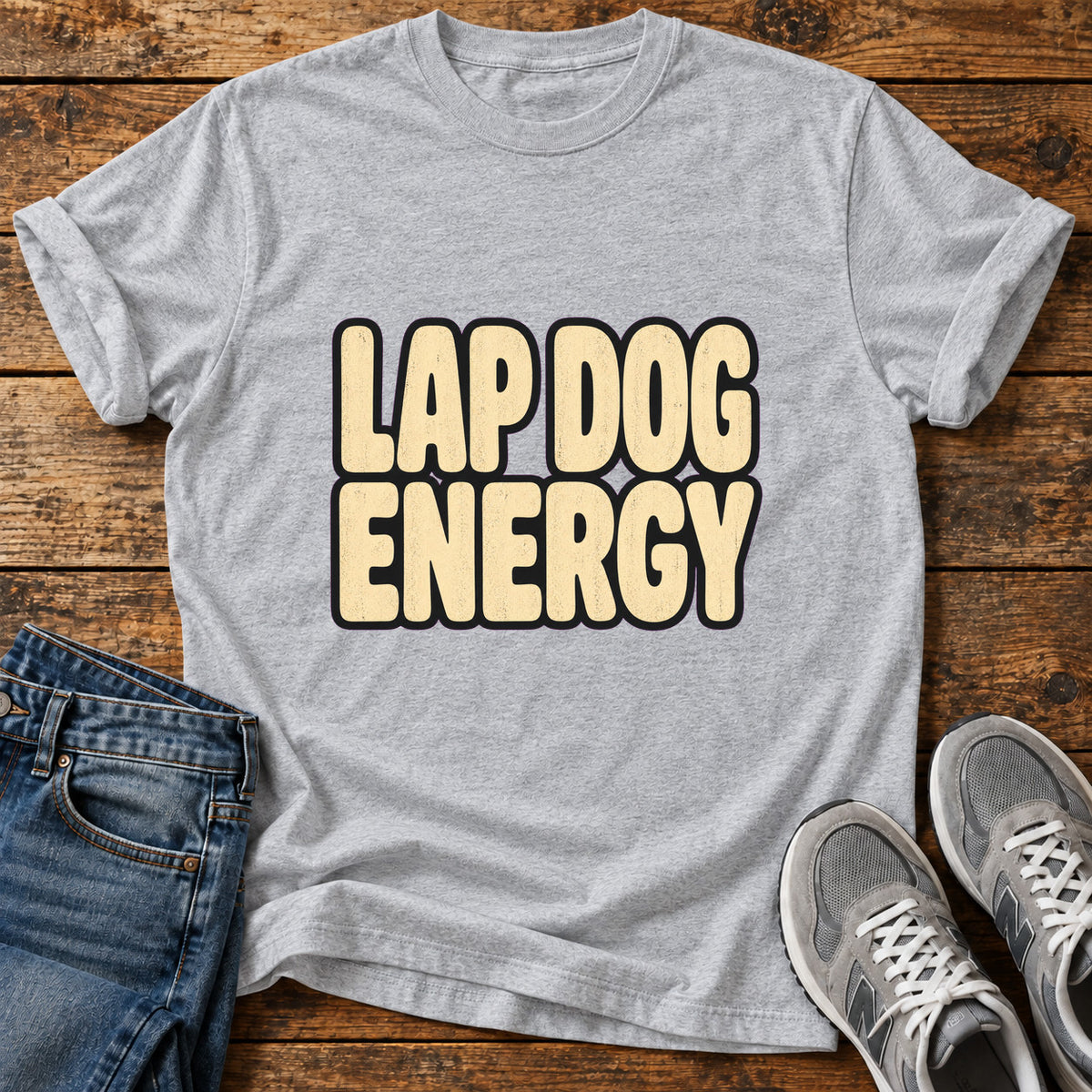 Lap Dog Energy Great Dane graphic T-shirt in Sport Grey, shown on a flat-lay shirt mockup