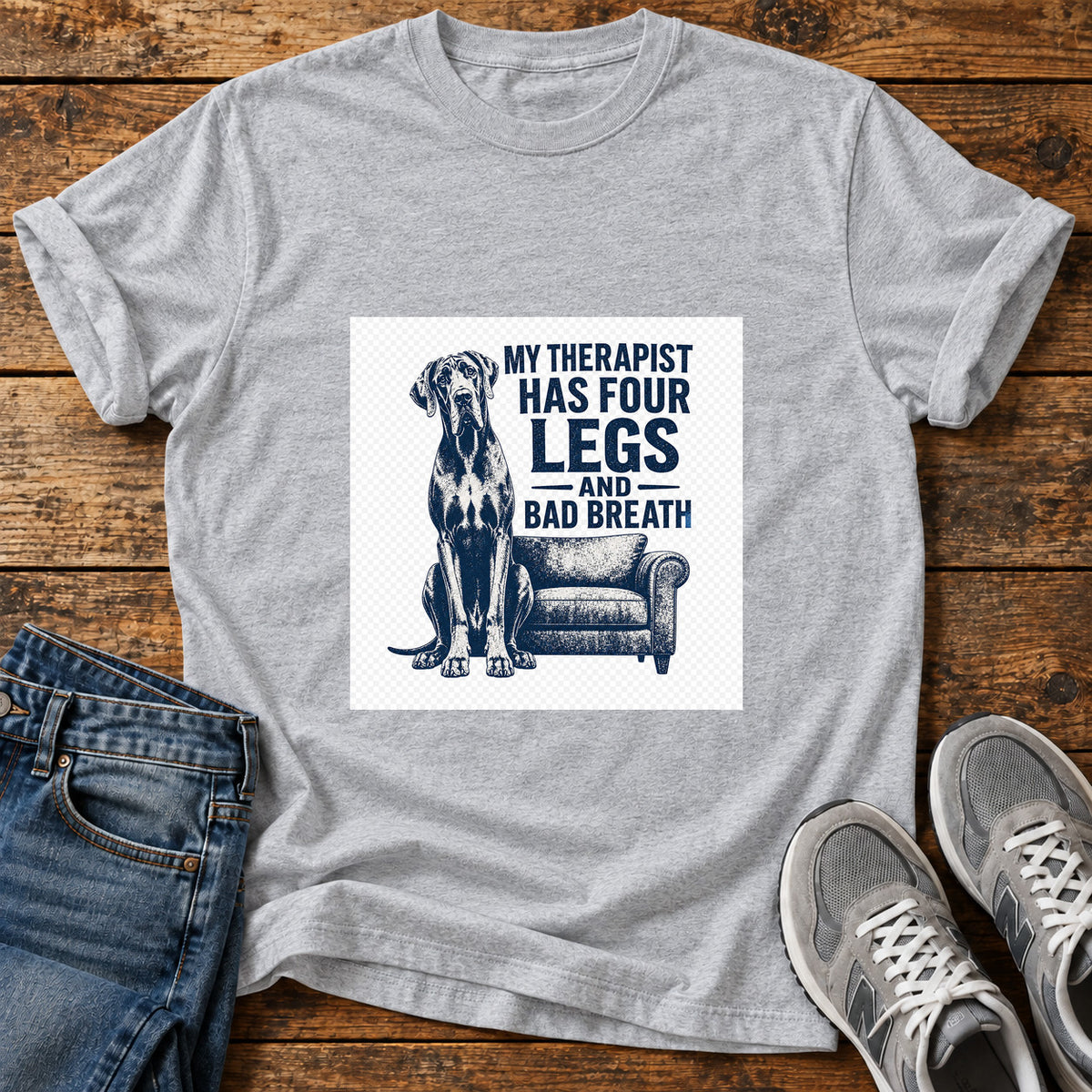 Four Leg Therapist Great Dane graphic T-shirt in Sport Grey, shown on a flat-lay shirt mockup