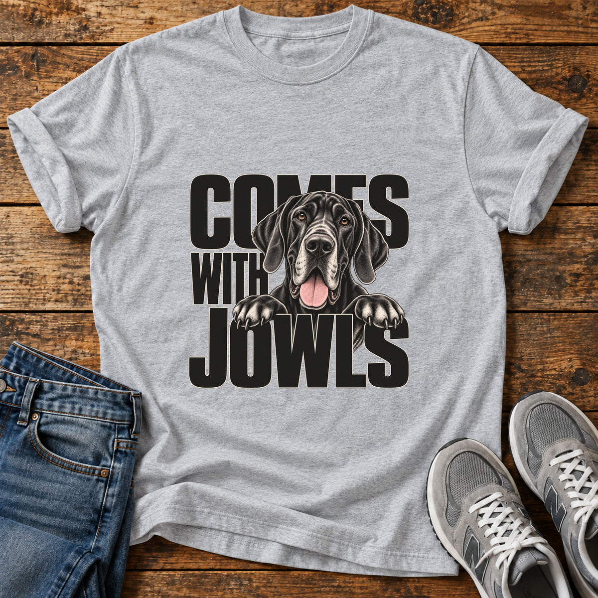 Comes With Jowls Great Dane graphic T-shirt in Sport Grey, shown on a flat-lay shirt mockup