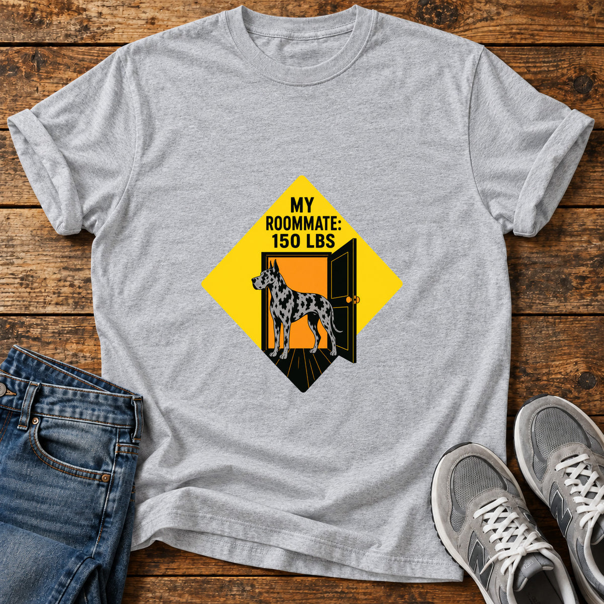 Roommate Dog Great Dane graphic T-shirt in Sport Grey, shown on a flat-lay shirt mockup