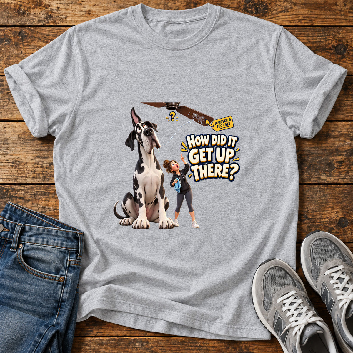 Get Up There Great Dane graphic T-shirt in Sport Grey, shown on a flat-lay shirt mockup