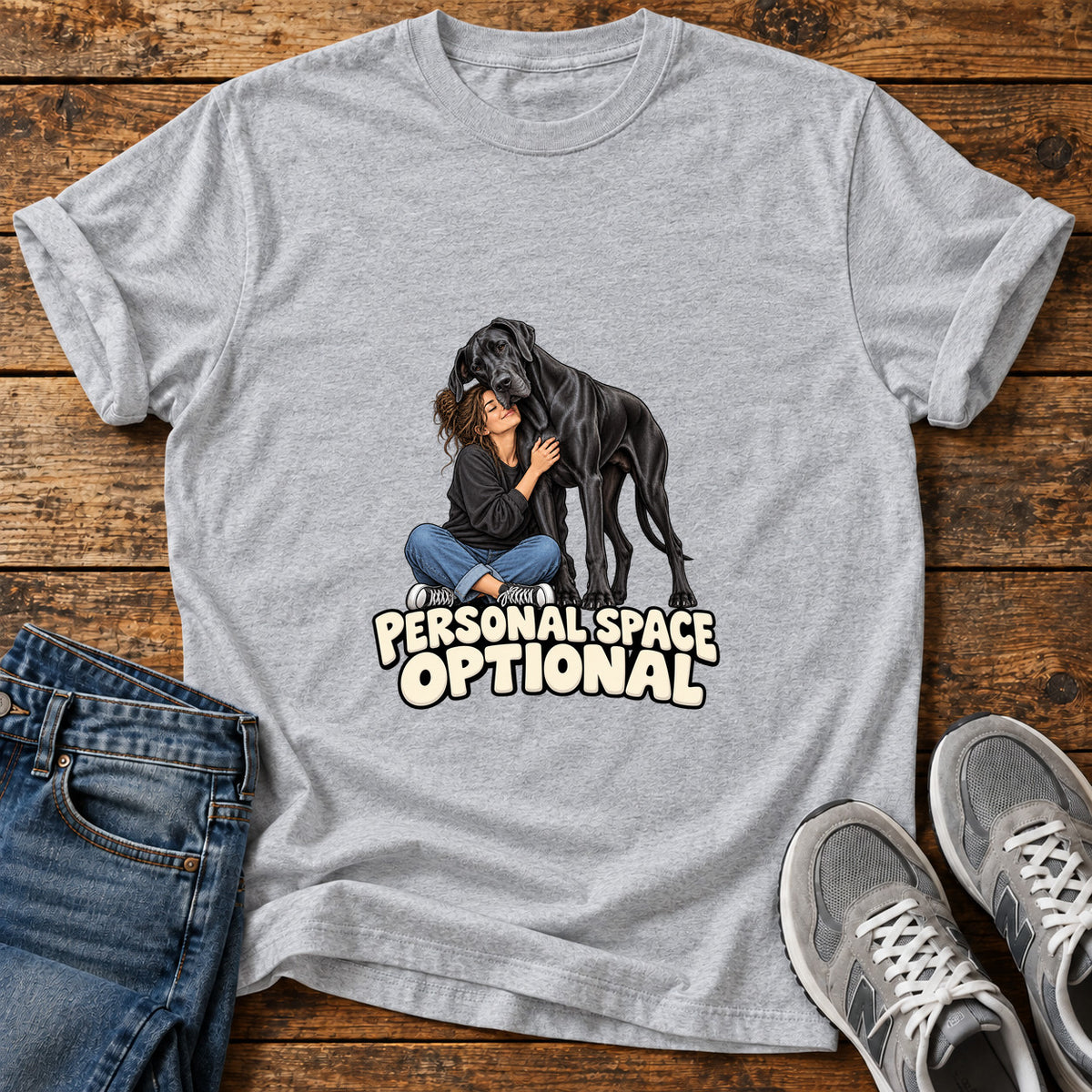 Personal Space Optional Great Dane graphic T-shirt in Sport Grey, shown on a flat-lay shirt mockup