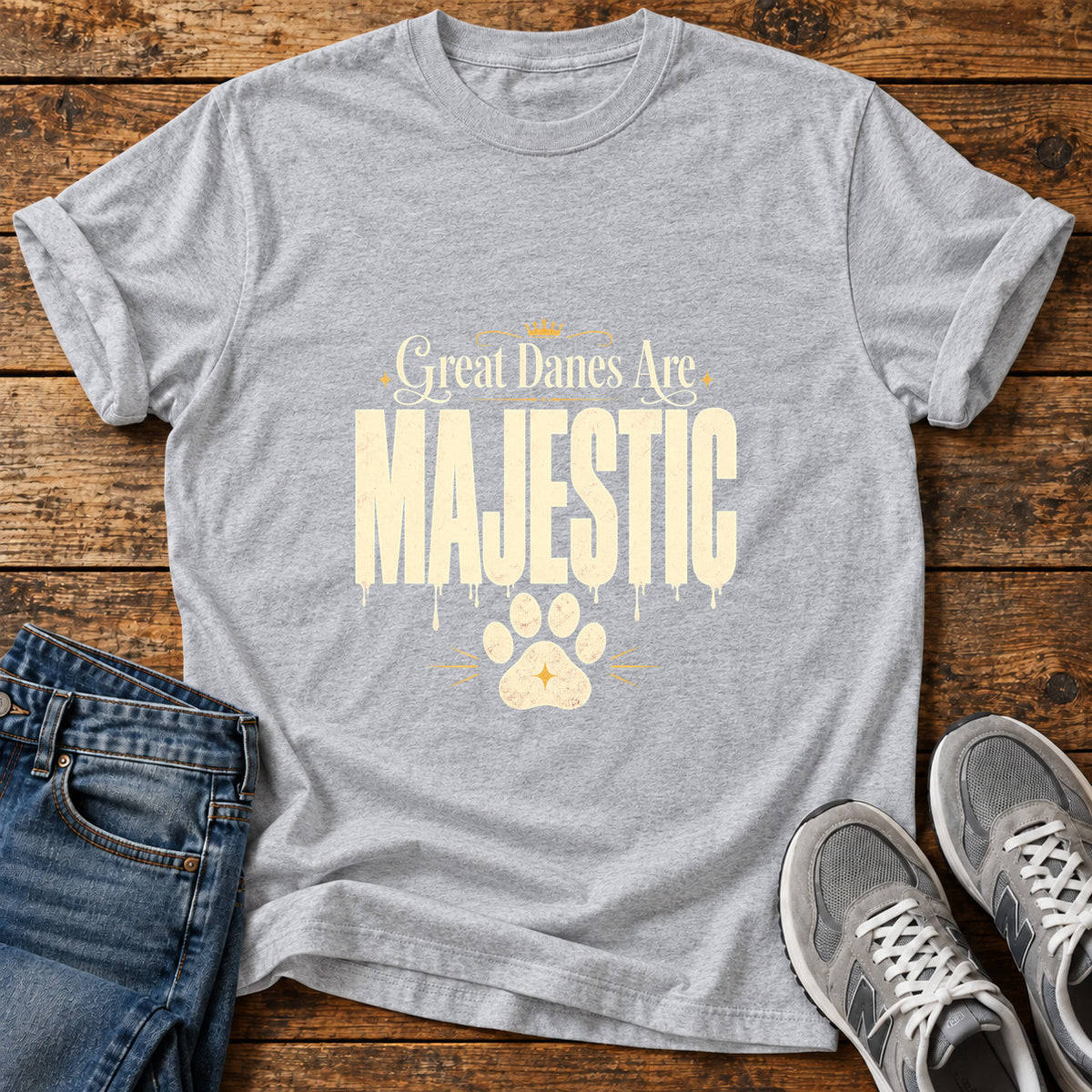 Majestic Danes Great Dane graphic T-shirt in Sport Grey, shown on a flat-lay shirt mockup