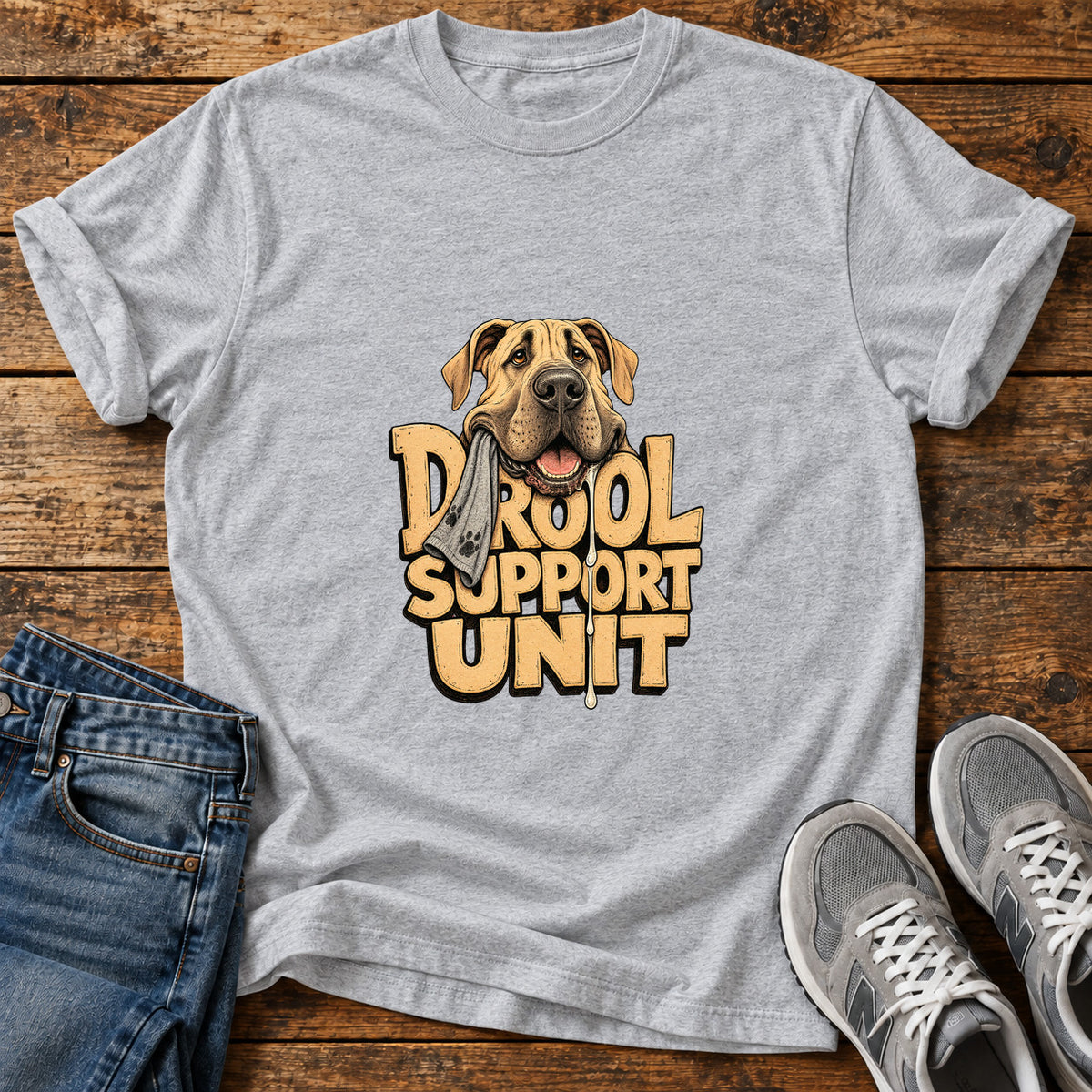 Drool Support Unit Great Dane graphic T-shirt in Sport Grey, shown on a flat-lay shirt mockup