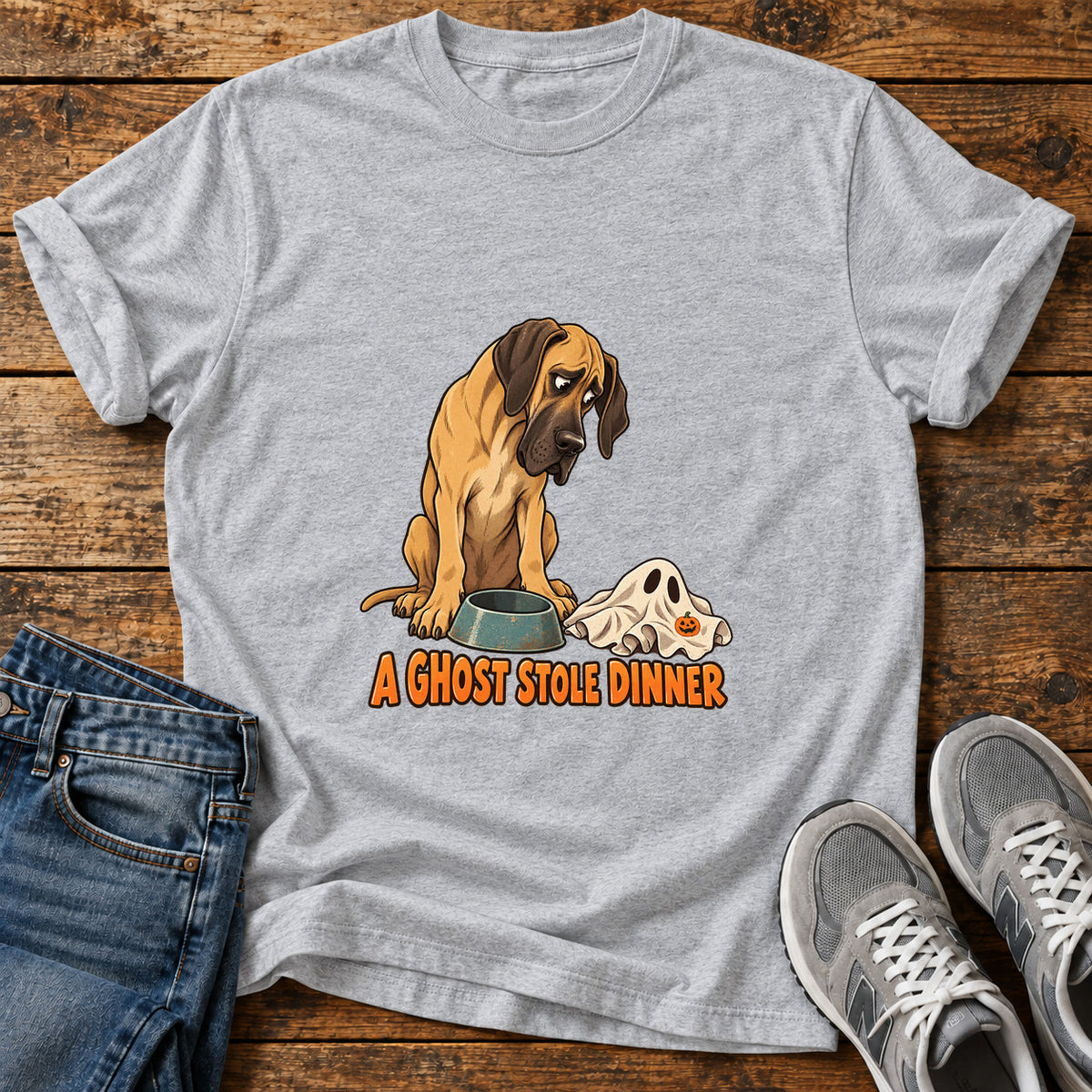 A Ghost Dinner Great Dane graphic T-shirt in Sport Grey, shown on a flat-lay shirt mockup