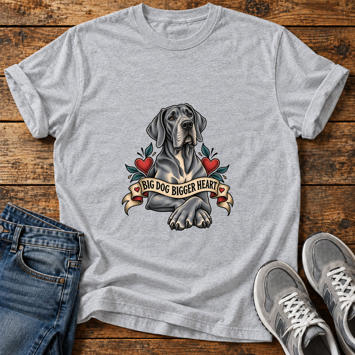 Big Dog Heart Great Dane graphic T-shirt in Sport Grey, shown on a flat-lay shirt mockup