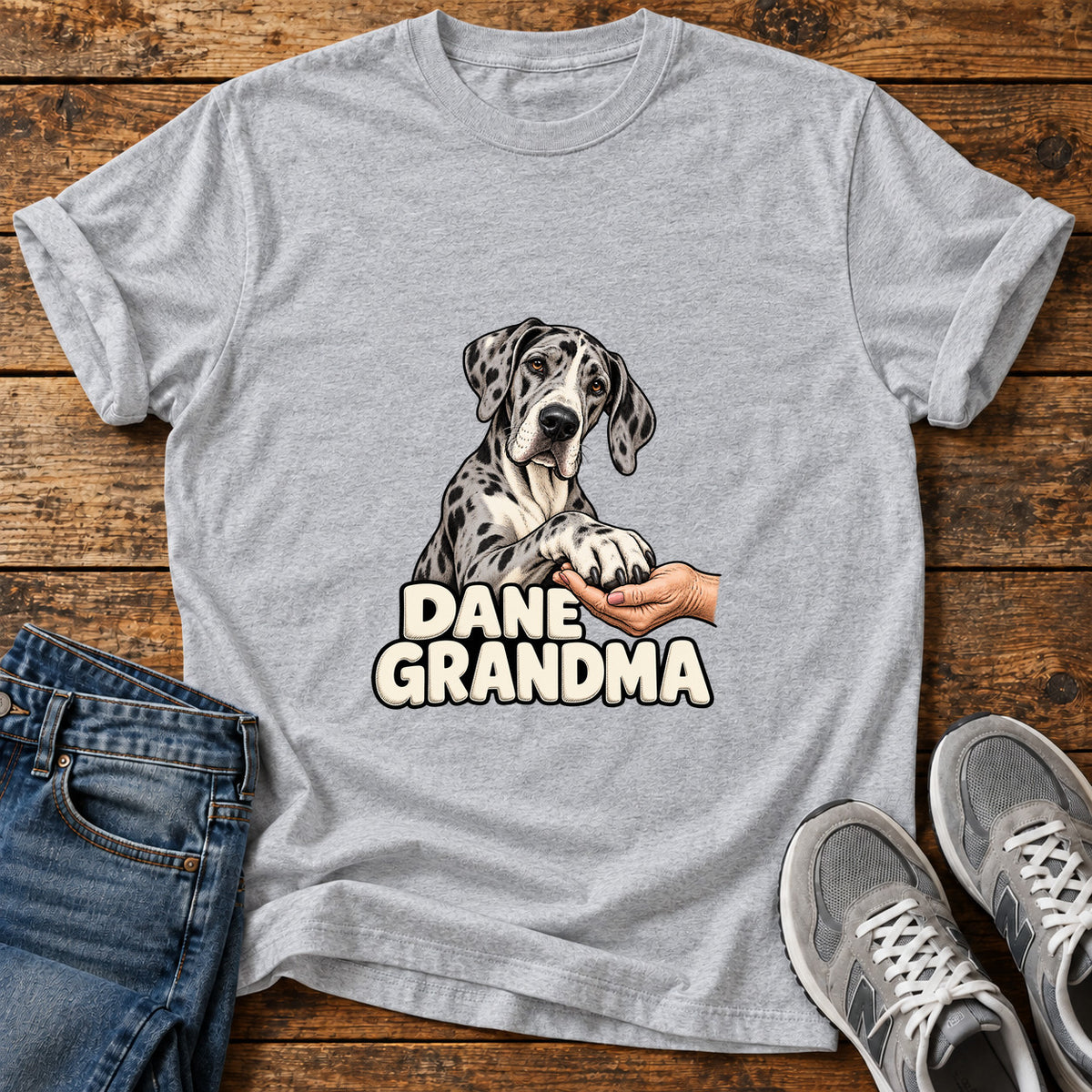 Dane Grandma Great Dane graphic T-shirt in Sport Grey, shown on a flat-lay shirt mockup