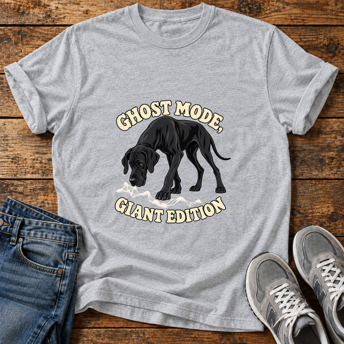 Ghost Mode Giant Great Dane graphic T-shirt in Sport Grey, shown on a flat-lay shirt mockup