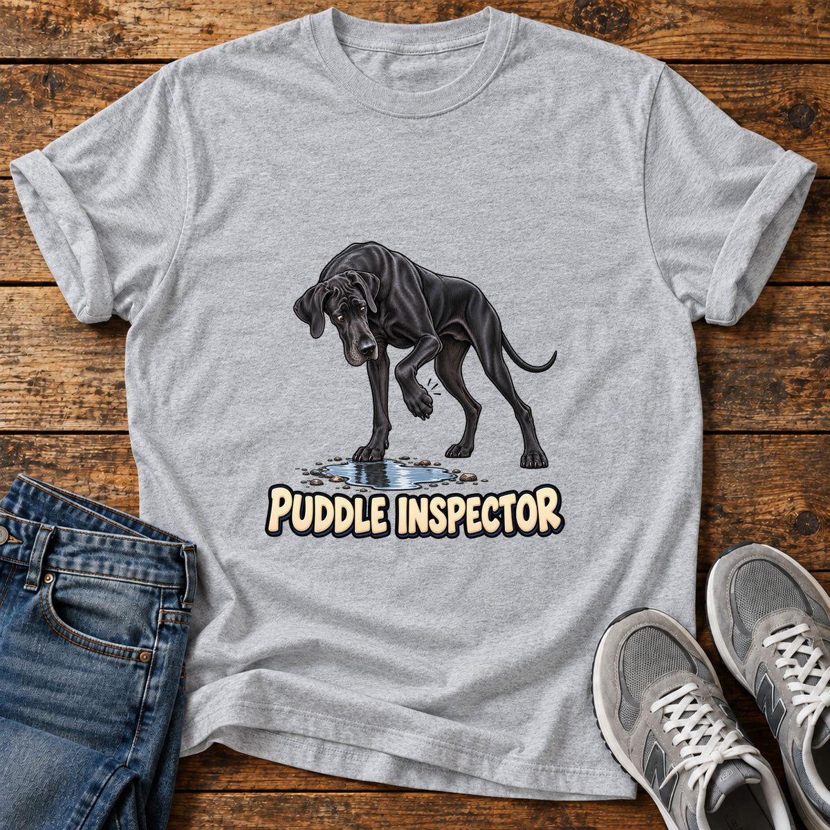 Puddle Inspector Great Dane graphic T-shirt in Sport Grey, shown on a flat-lay shirt mockup