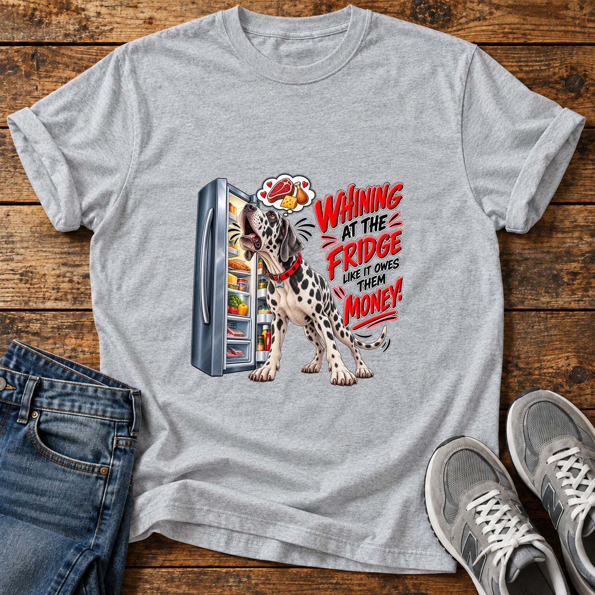 Whining Fridge Dog Great Dane graphic T-shirt in Sport Grey, shown on a flat-lay shirt mockup
