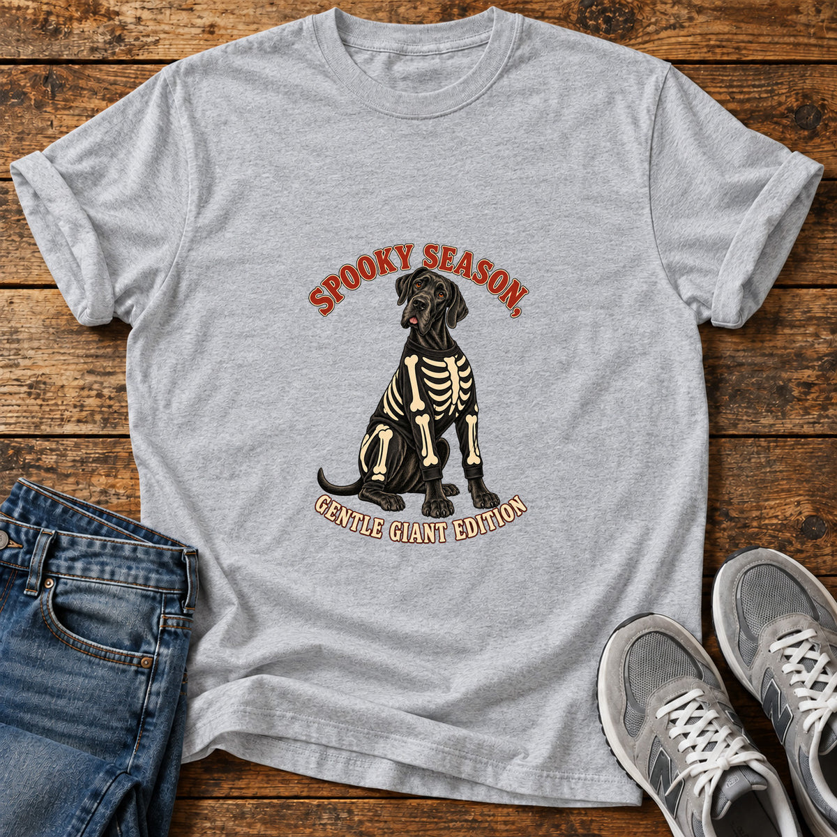 Spooky Gentle Giant Great Dane graphic T-shirt in Sport Grey, shown on a flat-lay shirt mockup